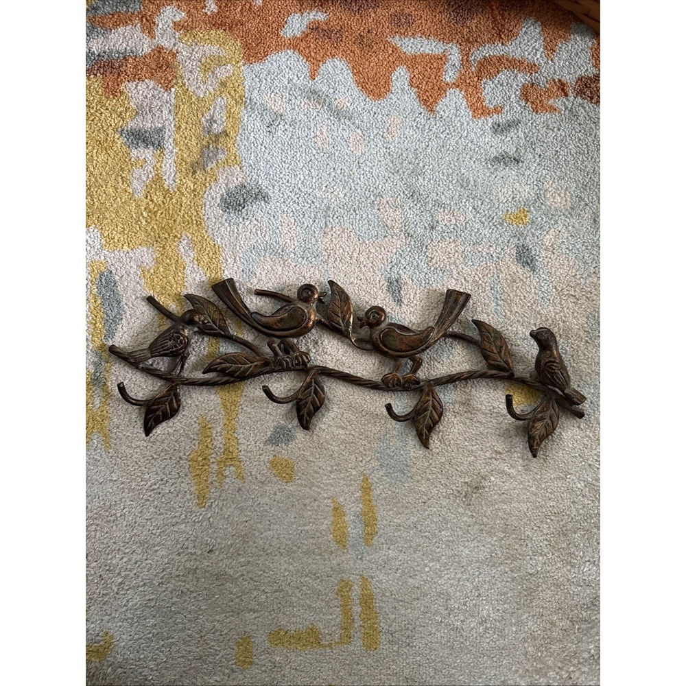 Vintage 20" Cast Iron Birds On Branch Wall Hooks, Rustic Farmhouse
